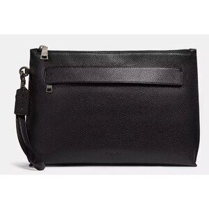 Coach Black Pebbled Leather Pouch Wristlet F28614, Unisex Oversized Travel